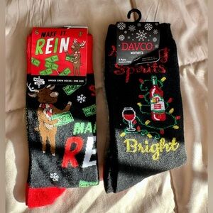 Set of 2 NEW Black Holiday Crew Socks with Red, Green & White Accents (2 Pairs)